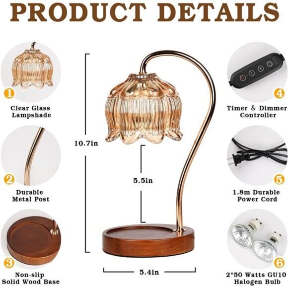 Dimmable Flower Candle Warmer Lamp with Timer, Vintage Lamp Candle Warmer - Picture 4 of 7